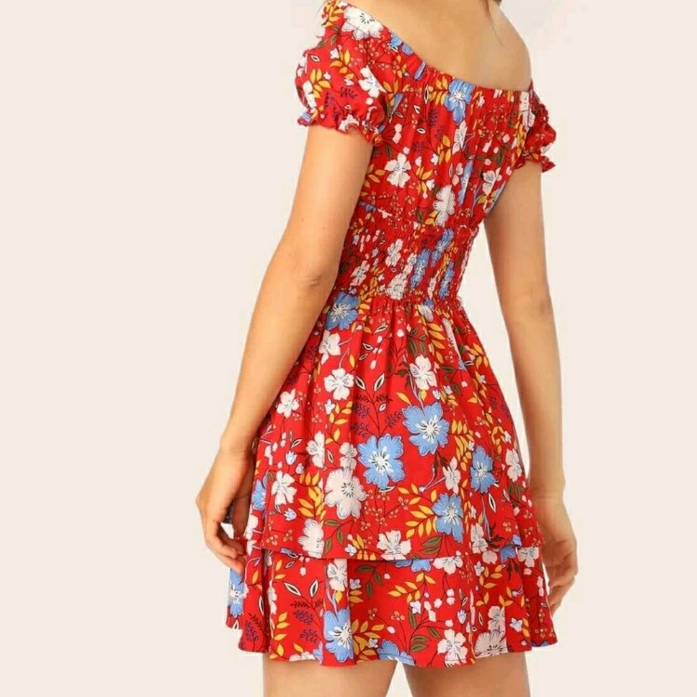 The Shoulder Ruched Waist Floral Print Dress(new)